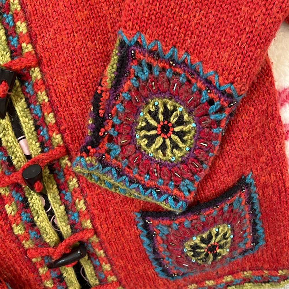 Handcrafted Red Wool Jacket with Multicolor Accents - Picture 3 of 12